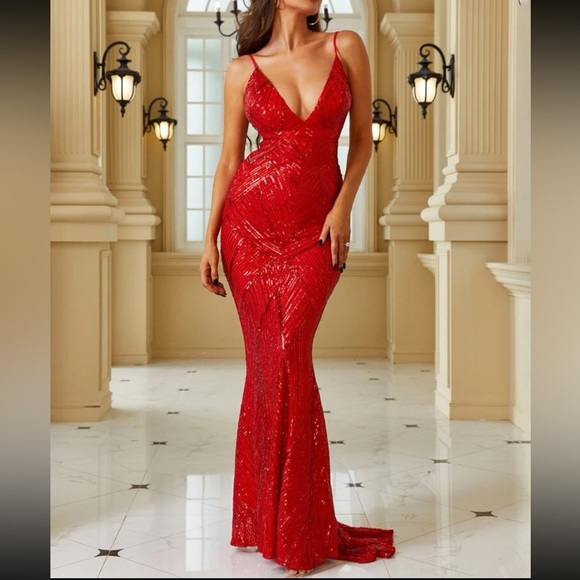 Luxe mermaid hem backless party formal evening sequins gown dress - Picture 5 of 7